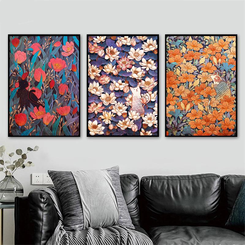 Vintage Cat Cartoon Animal Flower Plant Nordic Poster Wall Art Canvas Painting Wall Pictures for Living Room Home Decor Cuadros
