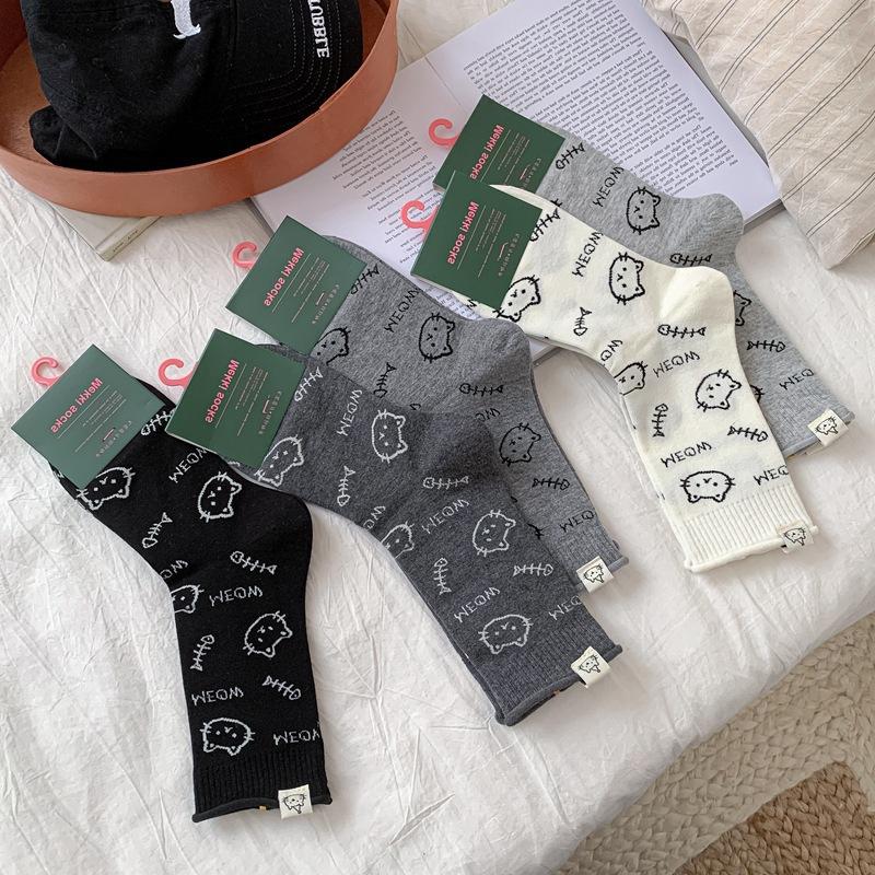Kitten Autumn Socks Women'S Korean Cute Cartoon Trendy Socks Versatile Boneless Mid-Tube Socks Comfortable Women'S Socks