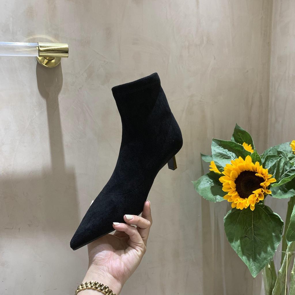 Autumn and winter pointed thin heel elastic boots Internet celebrity mid-tube boots matte high heel velvet commuter short boots women