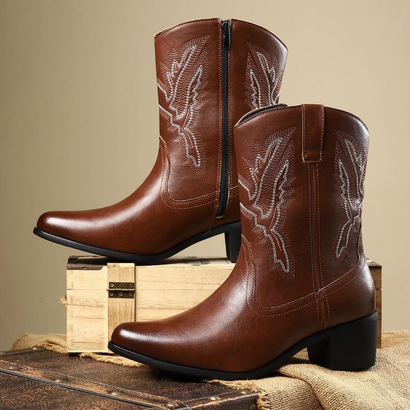 Mens Western Cowboy Boots Classics Hand Embroidery Leather Boots Fashion Mid-calf Motorcycle Booties Luxury Men's Business Boots