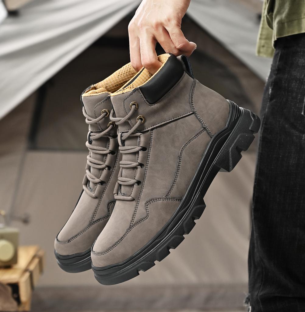 Men Gray Coffee Large Size Large Size Leather Work Boots Lace Up Rugged Utility Shoes Outdoor Walking Autumn Travel Footwear