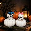 Gothic Wedding Couple Figurines Skull Pumpkin Statue, Halloween Bride Groom Figurine, Pink Retro Style Statues Bow on Ornament for Desktop Mantel