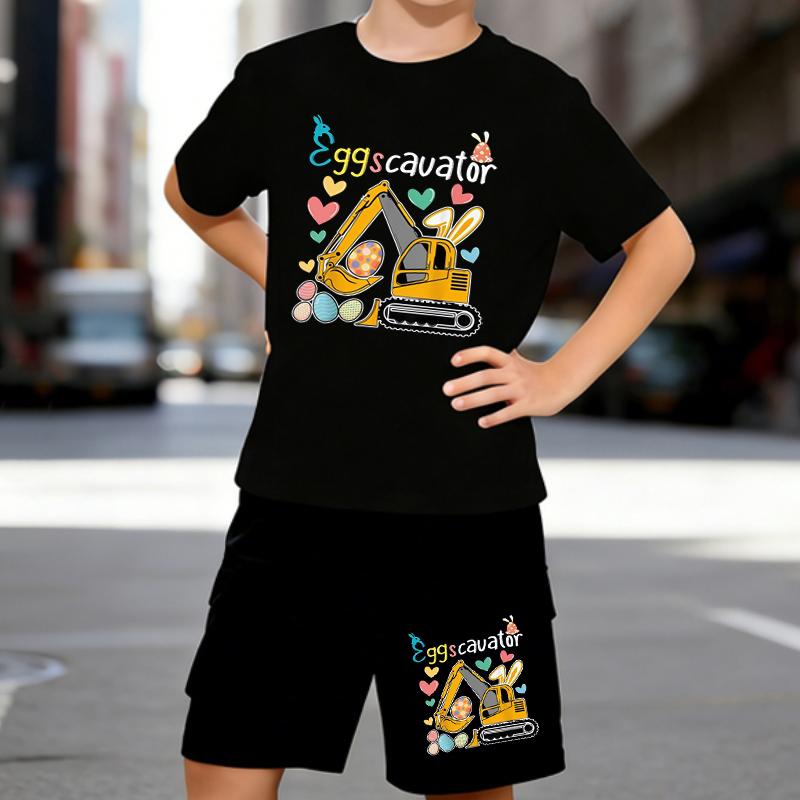 

Boys 2 Piece Cartoon excavator printed outfit, Short Sleeve T-Shirt and Shorts Set for Kids Age 5-14,White, Black Sporty Casual Summer Clothes 5-6 Years чёрный