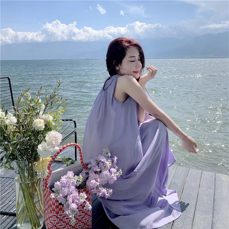 Summer New Sleeveless Casual Loose Purple Dress Women Fashion Plus Size A Line Beach Vacation Dresses Women Solid Pleated Round Neck Long Dress 26368