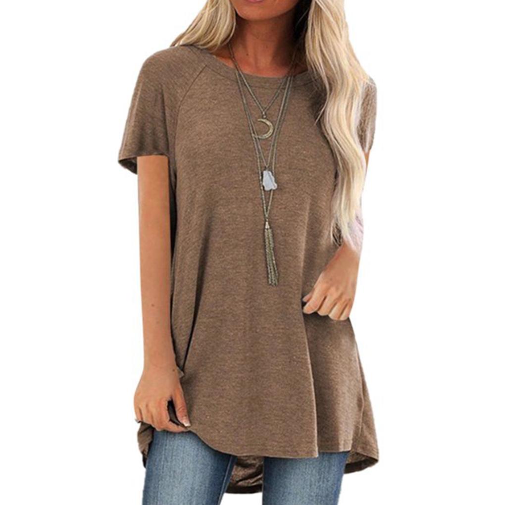 Women T-shirt Round Neck Short Sleeve Top Solid Color Casual T Shirt