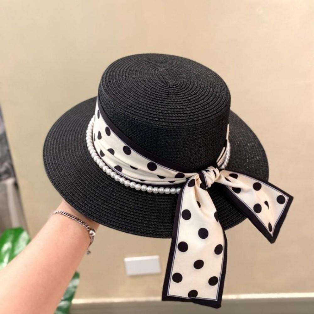 Straw Weaving Sun Protection Cap Dot Ribbon Wide Brim Hat Vacation Beach Straw Cap  Sun Protection