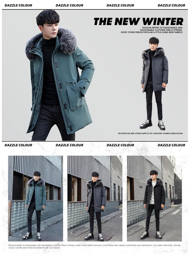 Giacca da Uomo in Piuma di Media Lunghezza alla Moda con Ampio Collo in Pelliccia - Ispessita e Calda per l'Inverno