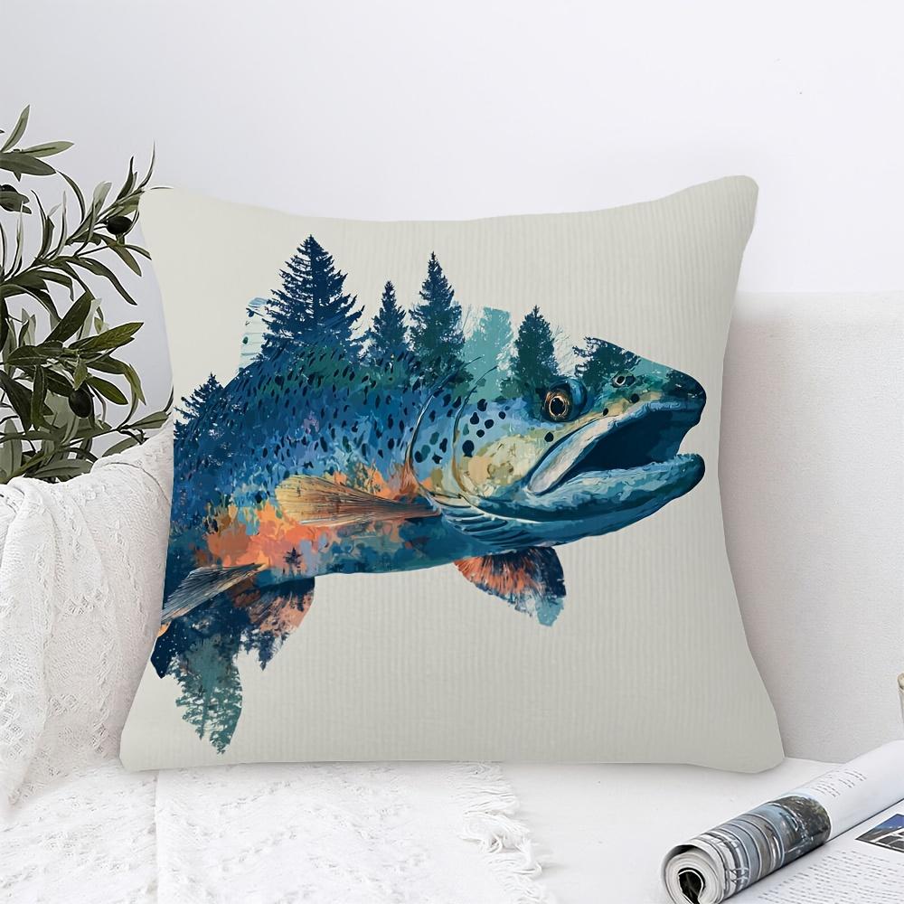 1Pc Short Plush Decorative Pillowcase, Trout Print Single-Sided, 18X 18 Inches For Sofa, Living Room Bedroom Office Home Dcor (