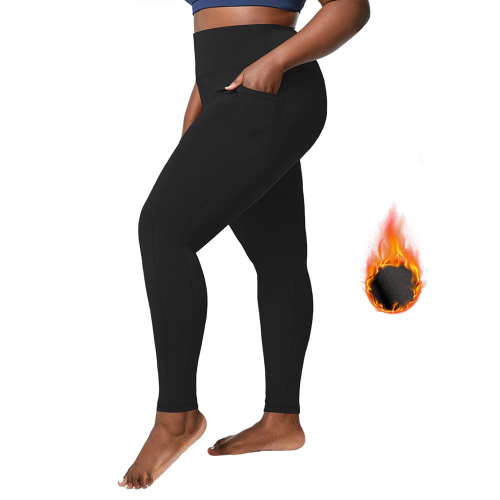 Pocketed Plus-size Fleece-lined Leggings for Women Outerwear Autumn/winter Style High-waisted Black Winter Fleece-lined Yoga Pants