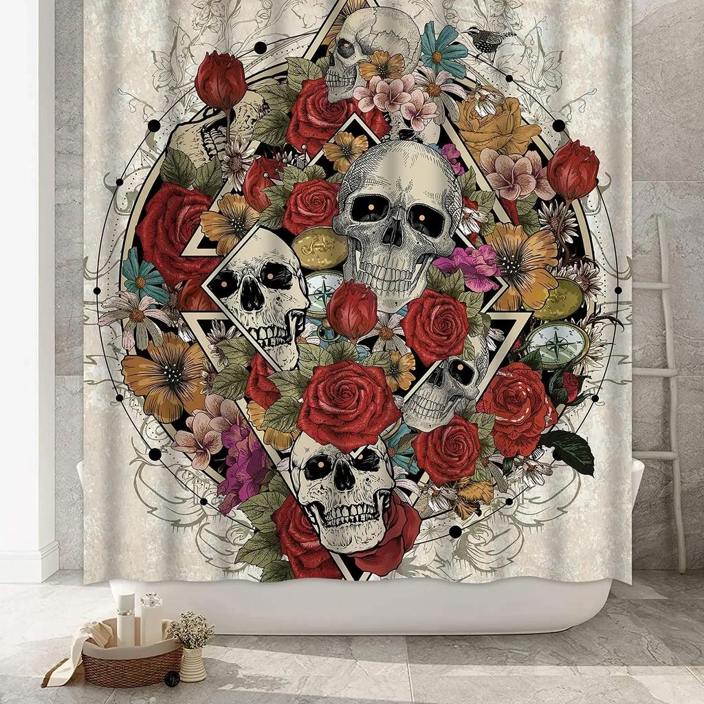 Tenda da doccia con scheletro di teschio al chiaro di luna, gotico, nero, bianco, zucchero, spettrale, per Halloween, per set di decorazioni per vasca da bagno