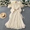 French Elegant Red Lace Hollow Temperament Dress Women's Spring Long-sleeved Waist Slim A-shaped Long Dress Commuting