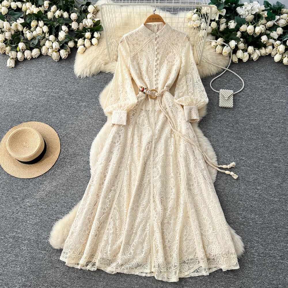 French Elegant Red Lace Hollow Temperament Dress Women's Spring Long-sleeved Waist Slim A-shaped Long Dress Commuting