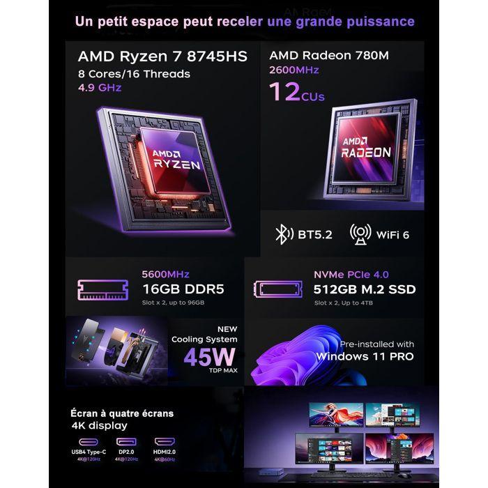 NiPoGi Mini PC AMD Ryzen 7 8745HS(8C/16T, up to 4.9 GHz), RAM 16 GB DDR5 ROM 512 GB SSD, Quad 4K Display, 2X HDMI, DP, WiFi 6