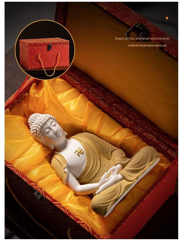 Keramik Shakyamuni Buddha Statue - Wohnzimmer Kunstwerk mit den Drei Heiligen und Lichtkreis Design
