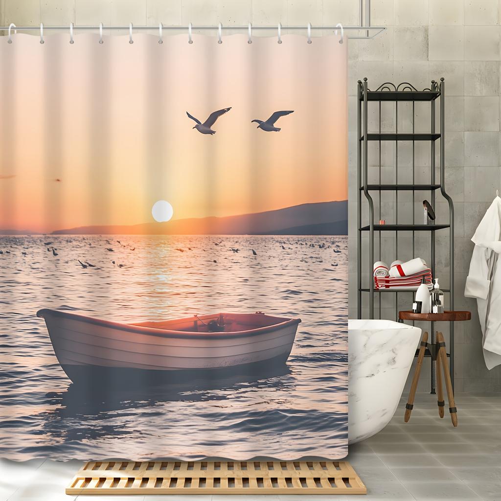 1pc Natural Sea Scenery Sunset Wooden Boat Seagull Bathroom Shower Curtain with 12 Hooks, Bathroom Decor Shower Curtain,