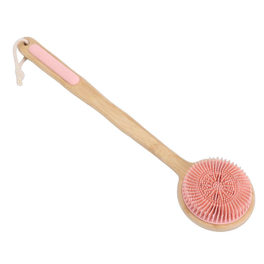 Double Sided Shower Brush Long Handle Exfoliating Dry Wet Use Nylon Silicone Bath Body Brush Pink