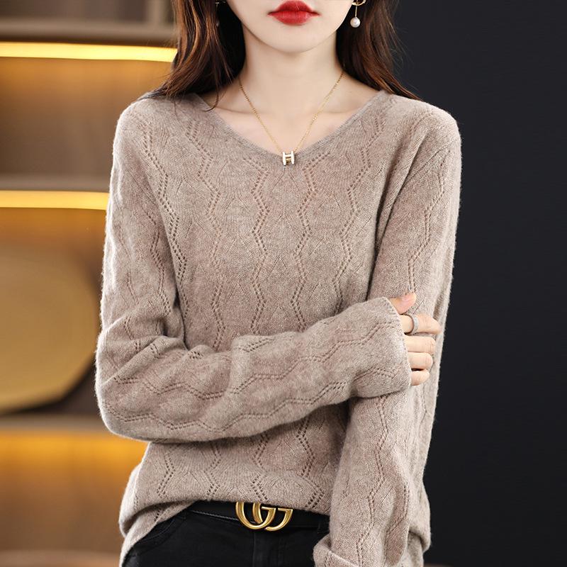 Women's 100% Hollow Wool V-Neck Sweater with Long Sleeves and Loose Collar - Autumn/Winter Style