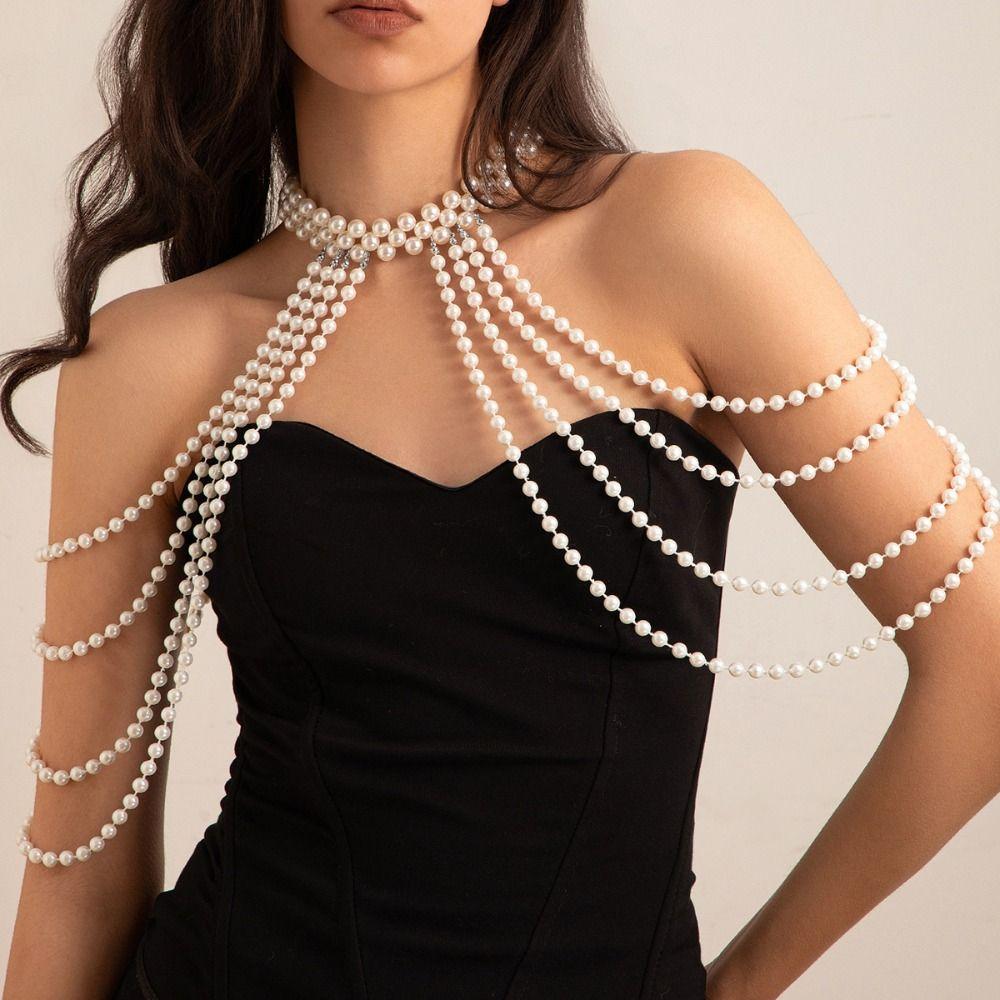 Handmade Jewelry Imitation Pearls Shoulder Chain Round Bead Black/White Beads Body Chain Jewelry Multi Layer Elegant