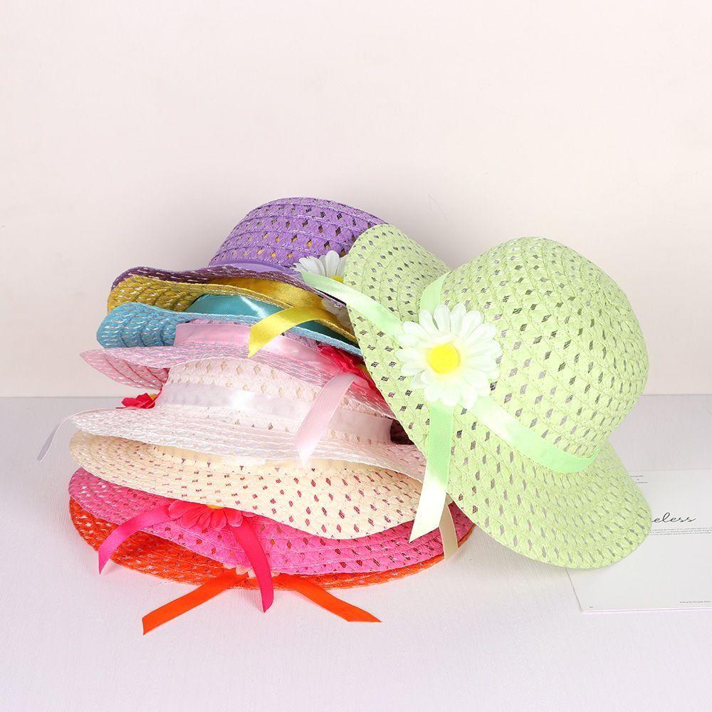 2Pcs/Set Flower Design Children Beach Hats Set Wide Brim Straw Wide Hat  Kids Summer Holiday