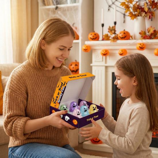 5Pcs Halloween Ghost Slow-Rising Squeeze Toy Set TPR Fidget for Stress Relief Portable Decompression Gadget for Kids Adults Fun Party Favor Gift Box