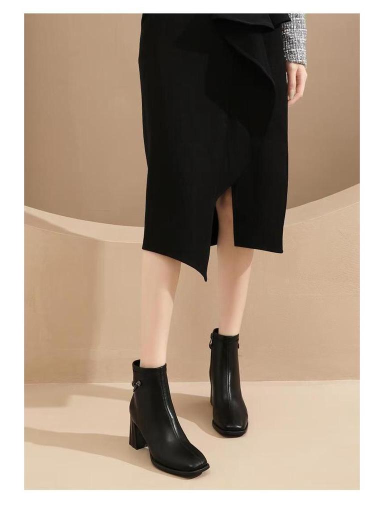 2025 Women's French Autumn/Winter Square Toe Chunky Heel High Heel Boots - Fashionable and Versatile British Style