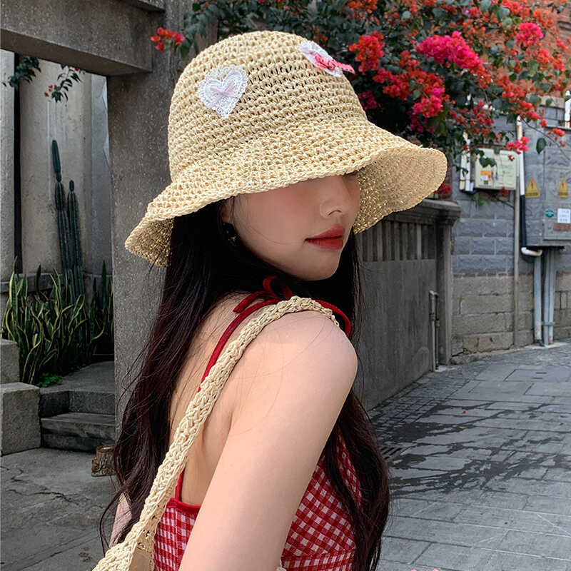 Simple Straw Hat for Girls, Summer Sun Protection Bucket Hat, Foldable Versatile Face Covering Straw Basin Hat