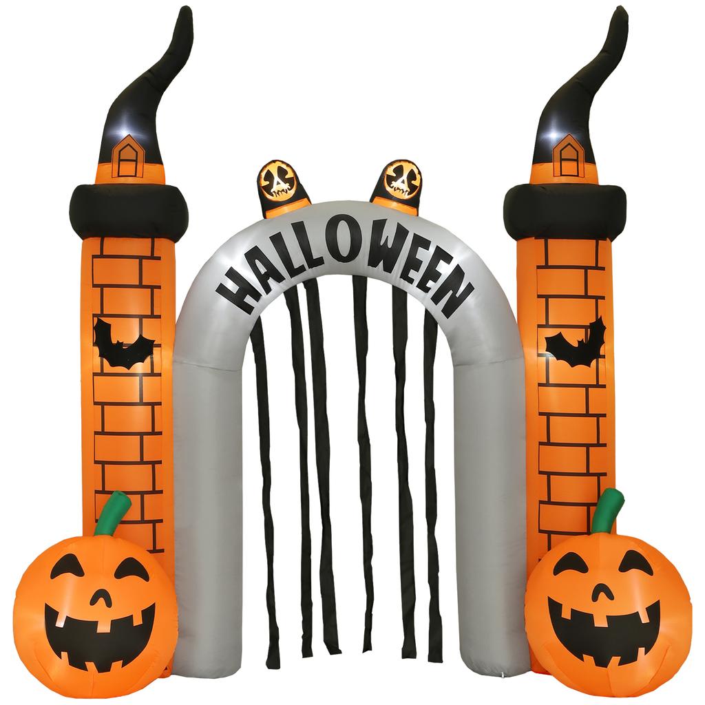 Nafukovací Halloweenový oblouk, Design dýně, LED diody, Kolíky, Polyester