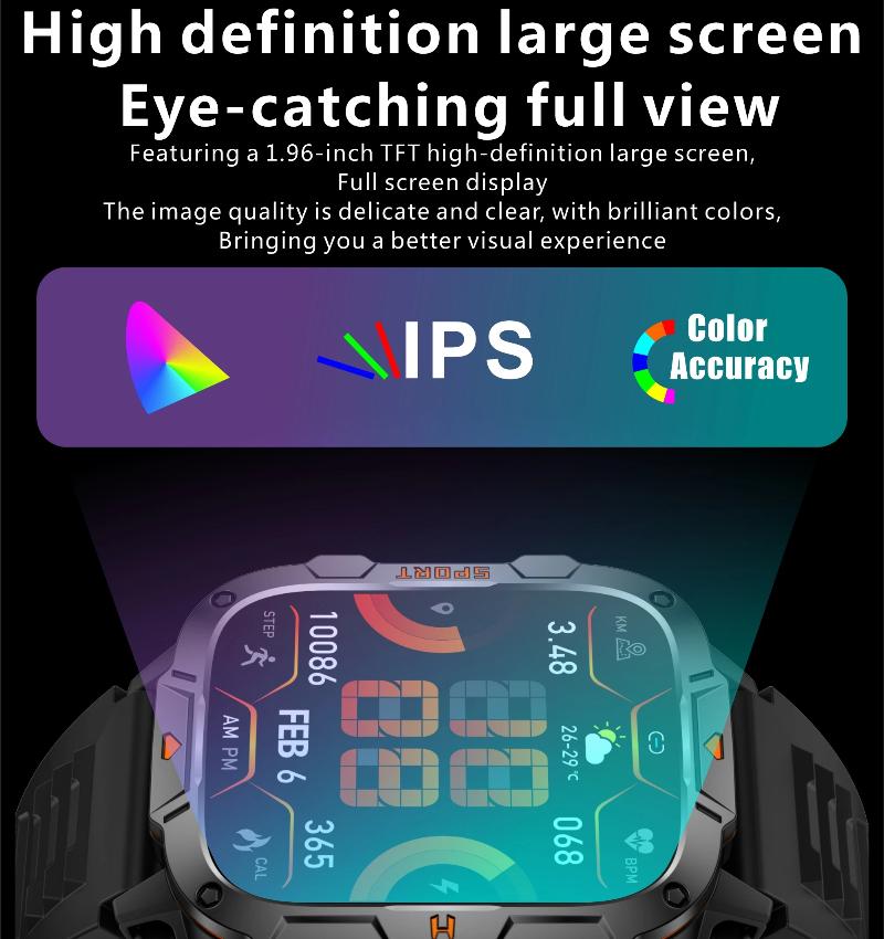 2025 New Military Grade Smart Watch Men 1.96" AMOLED Screen 5ATM Waterproof Sports Fitness Tracker BT Call Smartwatch For Xiaomi