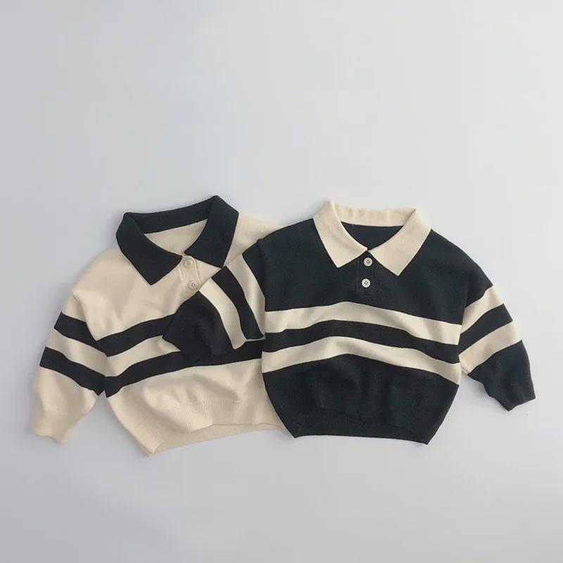 Children's POLO Sweater: Two-Button Striped Lapel, All-Season Korean Style for Boys & Girls