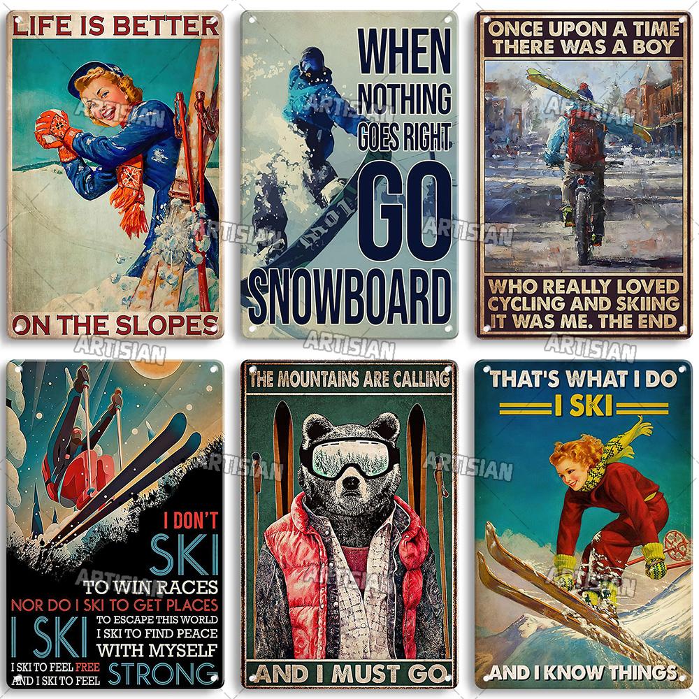 Artisian Skiing Snowboarding Metal Poster Sledding Tin Plaque Sport Decorative Plate Wall Decor Garage Bar Pub Club Hotel Cafe