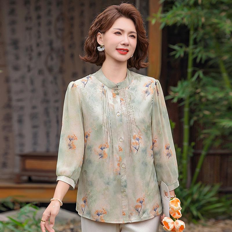 Sommerhemd im chinesischen Stil für Frauen mittleren und höheren Alters - Dreiviertelärmel, Oberteil im nationalen Stil
