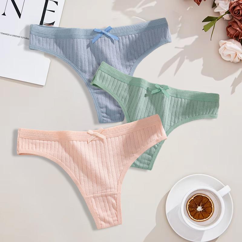Duży Rozmiar 3 Szt. Damskie Bawełniane Stringi Seksowne Prążkowane Oddychające Majtki Codzienna Urocza Bielizna z Kokardką Dziewczęca Niska Talia G-String Lingerie
