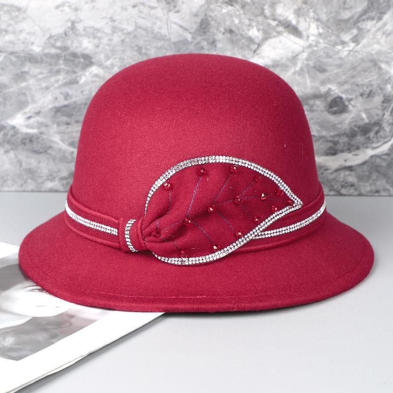 Casual Dome Short Brim Basin Hat Women's Diamond Bucket Hat Autumn and Winter Woolen Top Hat Women's British Style