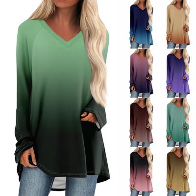 Women's  And Winter Long Sleeved V-neck Printing Casual Long Loose T-shirt Top