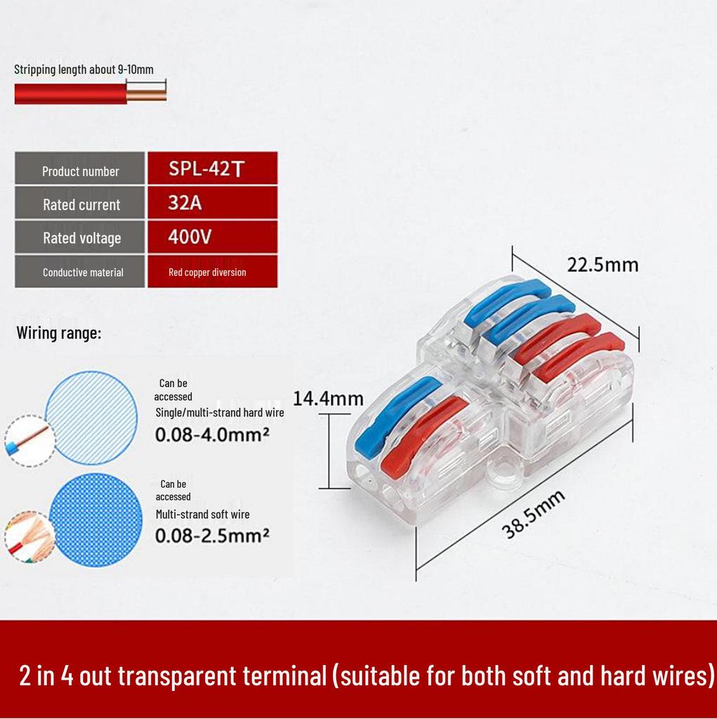 SPL-Splitter: 2-in-10-out, 2-in-12-out Quick Wiring Terminal, Press-Type, Orange/Multicolor.
