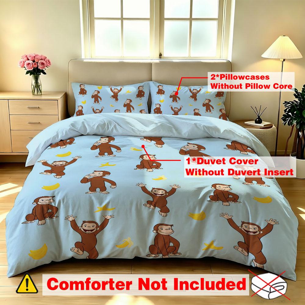 Duvet Cover Set 3Pcs Cute Cartoon Monkey Blue Print Soft Microfiber Bedding with Pillowcases Kids Bedroom