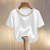 Damen T-Shirt Rundhals Satin Stoff T-Shirt mit Handgenähten Imitationsperlen Kurze Ärmel Lockerer Schnitt Lässige Oberteile