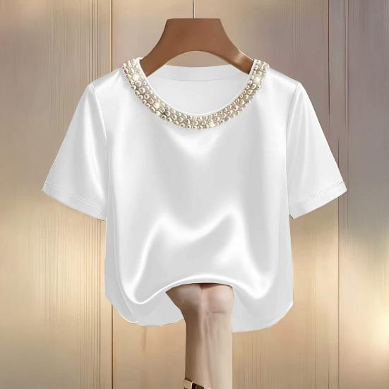 Damen T-Shirt Rundhals Satin Stoff T-Shirt mit Handgenähten Imitationsperlen Kurze Ärmel Lockerer Schnitt Lässige Oberteile