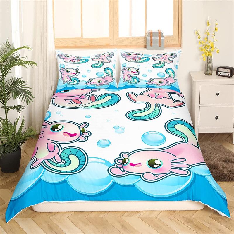 Kawaii Axolotl Bedding Set Queen For Girls Boys Teens Cute Cartoon Reptiles Animal Duvet Cover Galaxy Starry Sky Comforter Cover