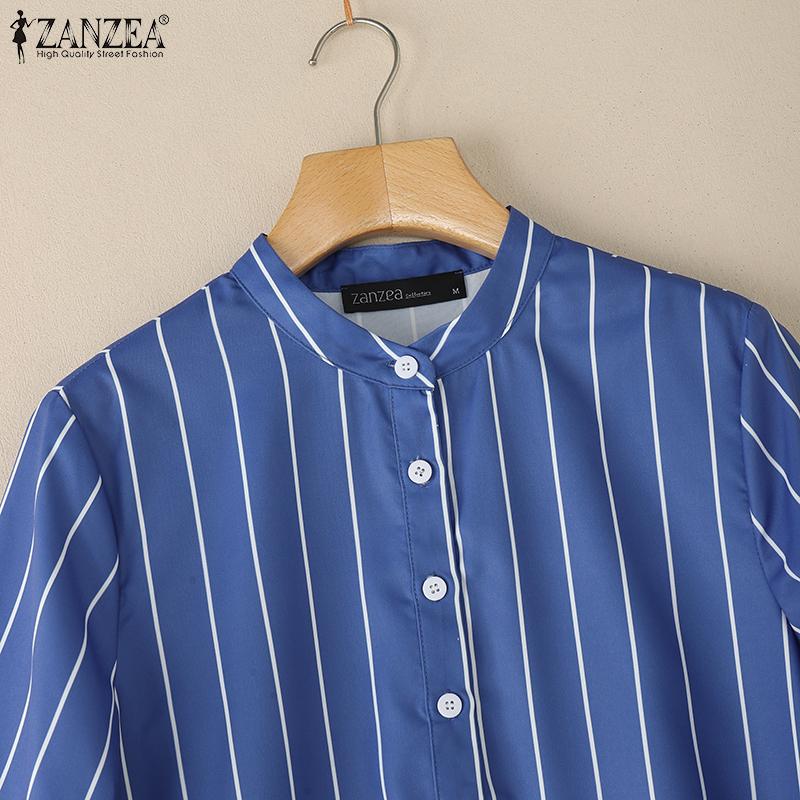 ZANZEA Women Casual Stand Collar Loose 3/4 Sleeve Stripe Blouse