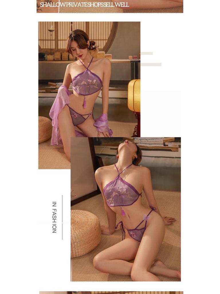 Elegant Ancient Style Embroidered Lingerie - Sexy Transparent Quick Release Exotic Dancer Flirting Set