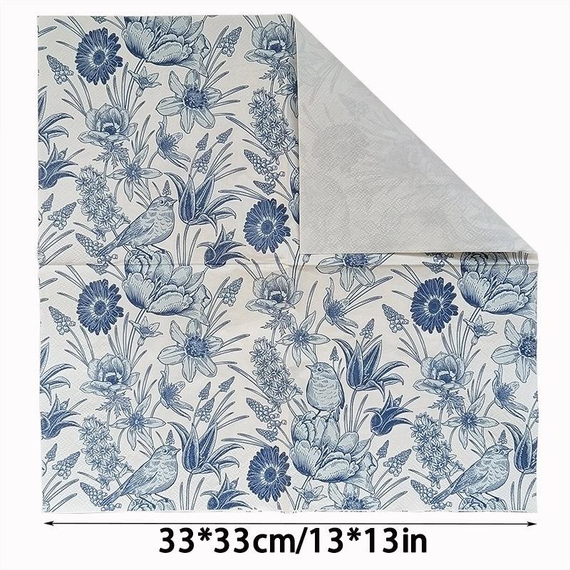20Pcs Blue Flower Printed Paper Napkins, 2-Ply Disposable Napkins for Baby Shower Birthday Party - Table Decor Tissue Supplies