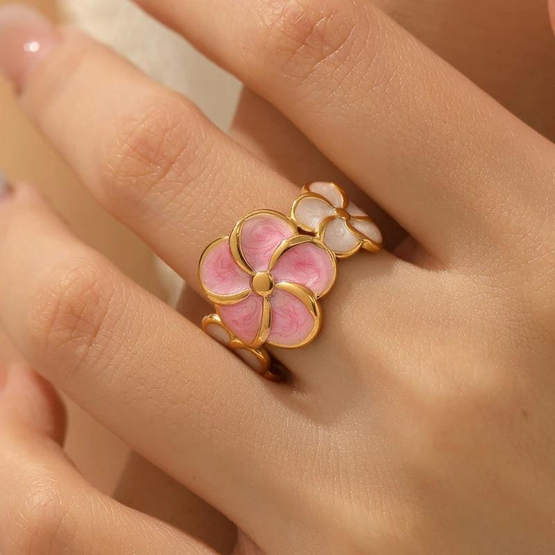 Sweet Pink Drop Oil Cherry Blossom Adjustable Open Ring for Women Niche Three Flower Design Sense Index Finger Ring 2026 Jewelry