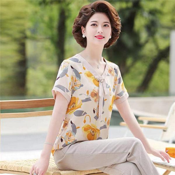 Mom's Summer Short-sleeved Top New Style Middle-aged and Elderly Women's Age-reducing Summer Chiffon Shirt T-shirt