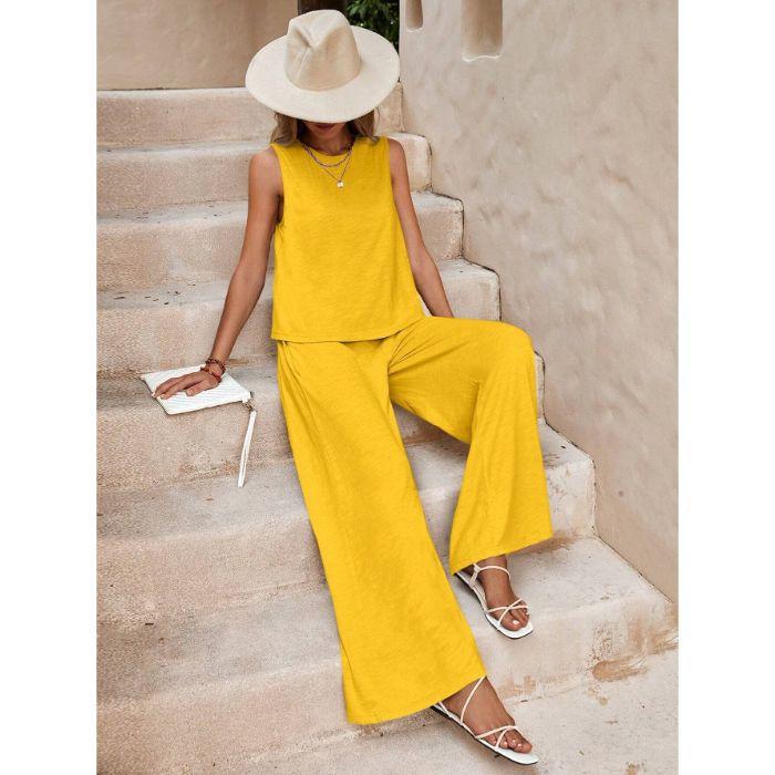 South East Asia Spring and Summer Large Size Loose Temperament Casual Foreign Style Hemp Sleeveless Solid Color Fashion Sports Suit