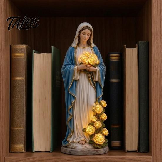 USB Garden Light Blessed Mother Statue with Flower Lamp Virgin Mary Ornament Weather-Resistant Glowing Rose Decorative for Outdoor Ambient