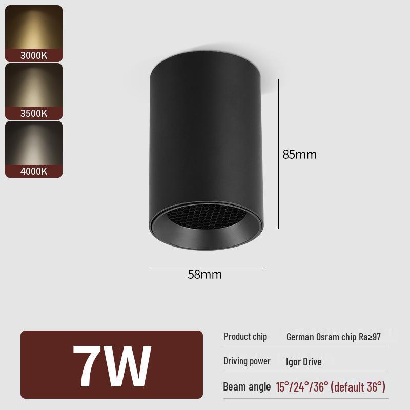 Surface-Mounted Cylinder Spotlight, Anti-Glare Honeycomb, Full Spectrum, Ceiling Light for Bedroom and Living Room.