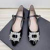 Fashion Flat Shoes for Women 2025 Spring Autumn Mary Jane Shoes Women Pointed Toe Rhinestone Square Buckle Patent Leather Plus Size Shoe