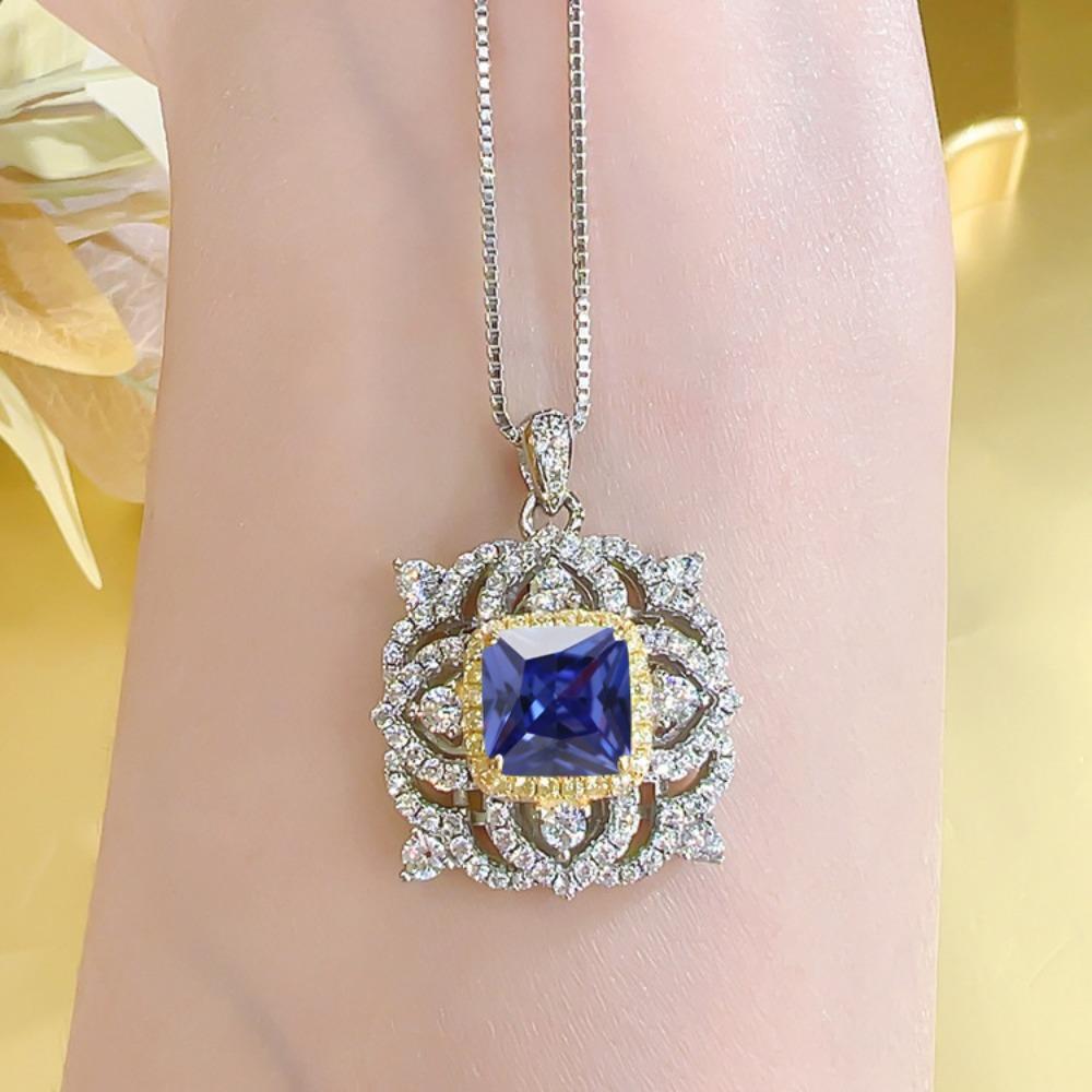 Fashion Vintage Women Jewelry Set Yellow Diamond Flower Ring Princess Cut Pendant Earrings Royal Blue Necklace