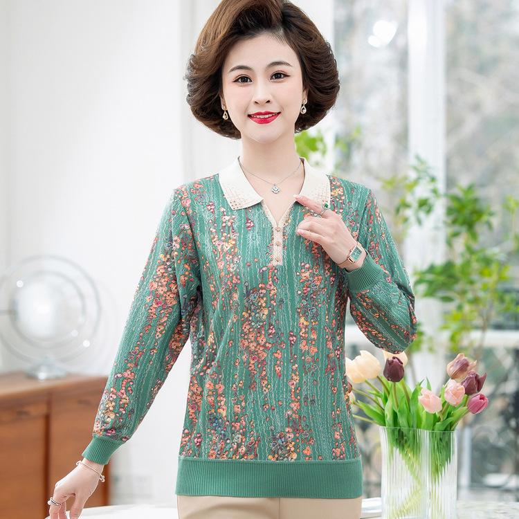 Bluzki damskie Babcine klapy i kwiaty dla osób w średnim i starszym wieku Ubrania dla kobiet Wiosna i jesień Koszulka bazowa matki Nowy styl